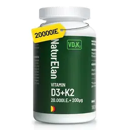 Hochdosierte Vitamin D3 K2 Kapseln - 20000 I.E. + 200 mcg K2 MK7, 180 vegane Kapseln, Made in Germany