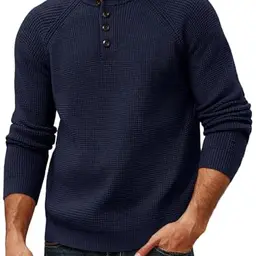 PJ PAUL JONES Herren Pullover Langarm Henley in Marineblau, kuschelweich, samtiges Waffeltextur