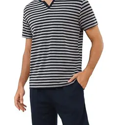 Bresdk Herren Pyjama Set kurz Streifen Nachtwäsche Sleepwear Marineblau/Grau XL