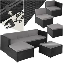 tectake® Poly Rattan Lounge-Set für Garten, Terrasse & Balkon, 3-4 Personen, wetterfest, mit Sofa, Sessel, Hocker & Tisch – schwarz