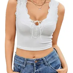 Avidlove Damen Unterhemd Ärmellos V-Ausschnitt Slim Fit Crop Top Sommer Spitze Weiß