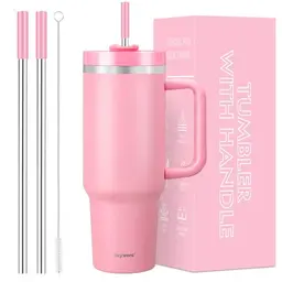 Trinkbecher mit Griff und Strohhalm, auslaufsicher, vakuumisolierter Edelstahl, doppelwandige Wasserflasche, Geschenk für Frauen