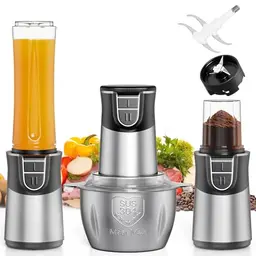 TPGSING 3-in-1 Mixer Küchenmaschine, 500W Mini Mixer & Zerkleinerer für Smoothies, Fleisch, Gewürze, 3 Behälter, Edelstahl-Klingen