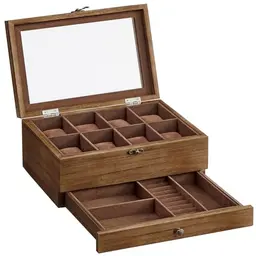 SONGMICS Uhrenbox aus Massivholz, 8 Fächer, Glasdeckel, Schmuckaufbewahrung, Geschenkidee, walnussfarben