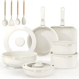 YASHE 21-teiliges Topf- und Pfannen-Set, antihaftbeschichtet, induktionsgeeignet, stapelbar, Weiß