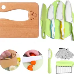 9-teiliges Kindermesser-Set für Obst und Gemüse mit Holzmesser, Schneidebrett, Schäler und Kinderhandschuhen