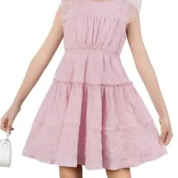 Mädchen Sommer A-Linien Kleid, Kurzarm, Rundhalsausschnitt, Rosa, 10–12 Jahre