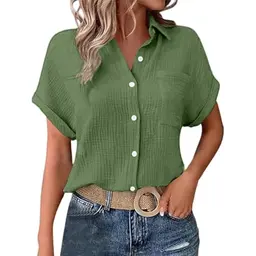 Damen Musselin Top, Sommer Kurzarm Leinenbluse, Elegant Oversize Hemdbluse mit Knöpfen