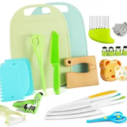 Kindermesser Set 21-teilig für Kinder ab 2 Jahren - Sichere Kochmesser und Schneidebrett für Obst und Gemüse (Krokodil)