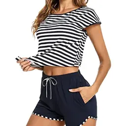 Aseniza Damen Pyjama Kurz Schlafanzug aus Baumwolle mit Kurzarm Top und Shorts
