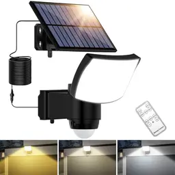 Solarlampe mit Fernbedienung, LED Außenstrahler mit Bewegungsmelder, IP65, 3 Leuchtmodi für Garten und Garage