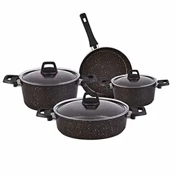 Karaca Biogranit Kochgeschirr-Set, 7-teilig, Schwarz/Gold, Antihaft, Induktion, Glasdeckel