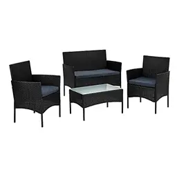 STILISTA® Polyrattan Lounge Set schwarz: 1 Bank, 2 Stühle, 1 Tisch mit Glasplatte