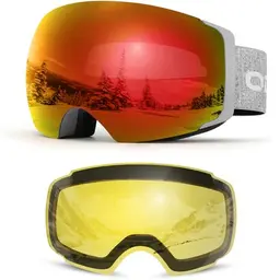 Odoland Skibrille unisex für Ski und Snowboard, helmkompatibel, grau-rot, mit UV-Schutz und anti-nebel