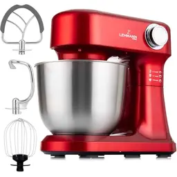 LEHMANN Küchenmaschine 1500W mit Zubehör-Set, 5L Schüssel, 12 Geschwindigkeiten, Rutschfest, Rot