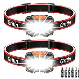 Gritin LED Stirnlampe, 2 Stück, superhell, 3 Modi, wasserdicht, leicht, für Laufen, Camping, Joggen & Angeln