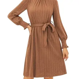 Kleider Damen Langarm A-Linie Vintage Kleid mit Taschen Braun L