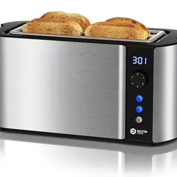 Balter Toaster 4 Scheiben Edelstahl mit Brötchenaufsatz und LCD Display, Silber