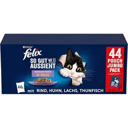 Felix Katzennassfutter Gelee, gemischte Sorten, 44 einzeln verpackt (je 85g)