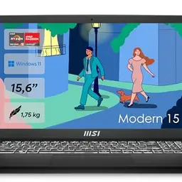 MSI Modern 15 Laptop, 15,6 Zoll Full HD, AMD Ryzen 5, 16 GB RAM, 512 GB SSD, Windows 11, Schwarz