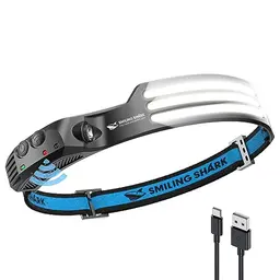 Smiling Shark Stirnlampe 230° Wide Angle - Wiederaufladbare, wasserdichte LED-Kopflampe für Camping, Joggen und Angeln