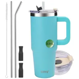 SUNTQ 850ml Tumbler mit Griff - Doppelwandige Isolierte Wasserflasche, Edelstahl Reise Kaffeebecher, Hellblau
