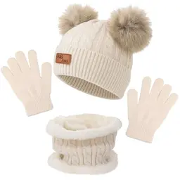 Wintermütze, Schal und Handschuhe Set für Kinder - Beanie Hut und Loop Schal in Beige