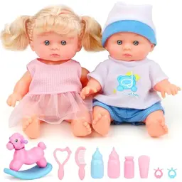 GirlDiary Puppen Set mit Schaukelpferd – Zwillinge Jungen- und Mädchenpuppe für Kinder ab 3 Jahren, inkl. Zubehör