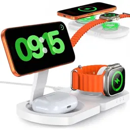 MagSafe-kompatible induktive Ladestation für iPhone, Apple Watch und AirPods, 3-in-1 Wireless Charger, Weiß