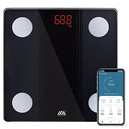 SENSSUN Digitale Körperfettwaage mit APP und Bluetooth, 150KG, 26x26cm, LED-Display (Schwarz)