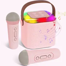 Tragbare Karaoke Maschine für Kinder - Mini Bluetooth Lautsprecher mit 2 Mikrofonen und LED-Lichtern - Rosa