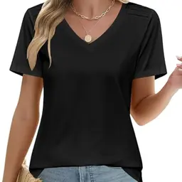 Zeagoo Damen Sommer Top, lockeres kurzarm Shirt mit V-Ausschnitt, einfarbig, Tunika, schwarz, Größe S