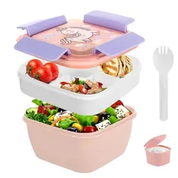 Salat To Go Box für Erwachsene und Kinder - Mikrowellengeeignet, 3 Fächer für Salate und Snacks, inkl. Dressingbehälter, Rosa