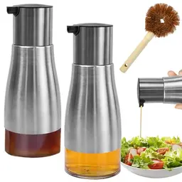 2 Stück Edelstahl Ölflasche Set 300ml - Ölspender und Essigspender mit Glasboden