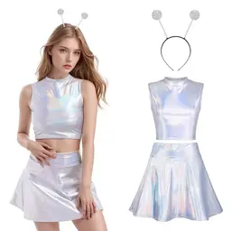 Alien Damen Kostüm Set mit Haarreif, Metallic Rock und Crop Top für Karneval (Silber, M)