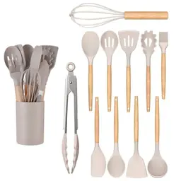 LiangYuanZen Küchenutensilien-Set, 12 Teile, Silikon & Holzgriffe, hitzebeständig, antihaftbeschichtet, spülmaschinenfest, Khaki