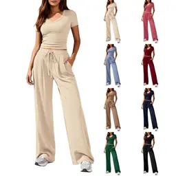 Damen Zweiteiler Lässiges V-Ausschnitt T-Shirt und Weite Hose Sommer Joggingsanzug, Leicht, Atmungsaktiv, Mit Taschen
