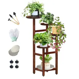 5 Etagen Pflanzenständer aus Holz mit Untersetzer für Blumen – 83,5 cm Blumenregal für Balkon und Garten