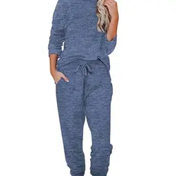 Ekouaer Damen Schlafanzug Lang Pyjama Set mit Taschen Marineblau