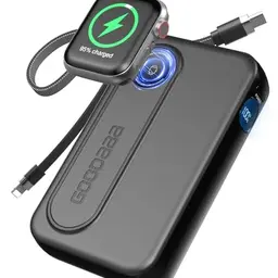 GOODaaa Wireless Power Bank 10000mAh mit integrierten Kabeln und LED-Anzeige für Apple Watch und Smartphones