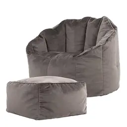 Icon Sirena Sitzsack & Sessel mit Hocker, Dunkelgrau, Flauschiger Samt, Bequemer Lounge- und Schlafzimmerstuhl für Erwachsene