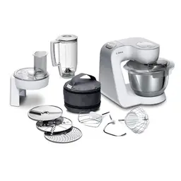 Bosch Küchenmaschine Serie 4 mit Edelstahl-Schüssel, Mixer und Durchlaufschnitzler, 1000 W, Weiß
