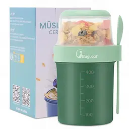 Bugucat 2in1 Müslibecher to Go – Auslaufsicherer Joghurt- und Müslibecher mit Löffel, Grün