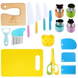 Vicloon Kindermesser Set - 17-teiliges Sicherheits-Küchenmesser für Kinder mit Holzbrett und Schäler, ideal als Geschenk