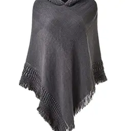 Ferand Damen Poncho mit Kapuze und Fransensaum - Grau - One Size - Herbst/Winter