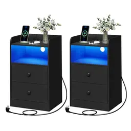 WOLTU Nachttisch 2er Set mit Steckdose und LED-Beleuchtung, schwarz, 2 Schubladen, 40 x 35 x 64 cm
