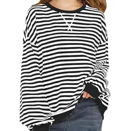 Haloumoning Sweatshirt für Mädchen, gestreift, Rundhalsausschnitt, langarm, schwarz, 7-8 Jahre