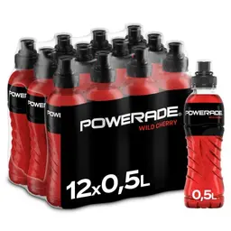 Powerade Sports Wild Cherry – kalorienarmes Getränk mit Kirsch-Geschmack, 12 Einwegflaschen à 500 ml