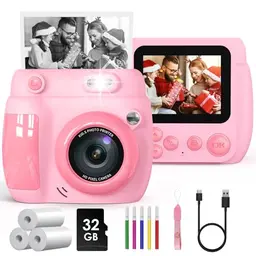 Gofunly Sofortbildkamera für Kinder, 2,4 Zoll Bildschirm, 1080P HD, mit 32GB Karte & Druckpapier, Geschenk für 3-10 Jahre (Rosa)