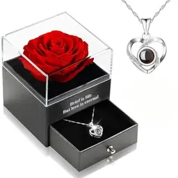 Valentinstagsgeschenk für Frauen: Silber-Halskette mit roten Rosen und Kunstblumen